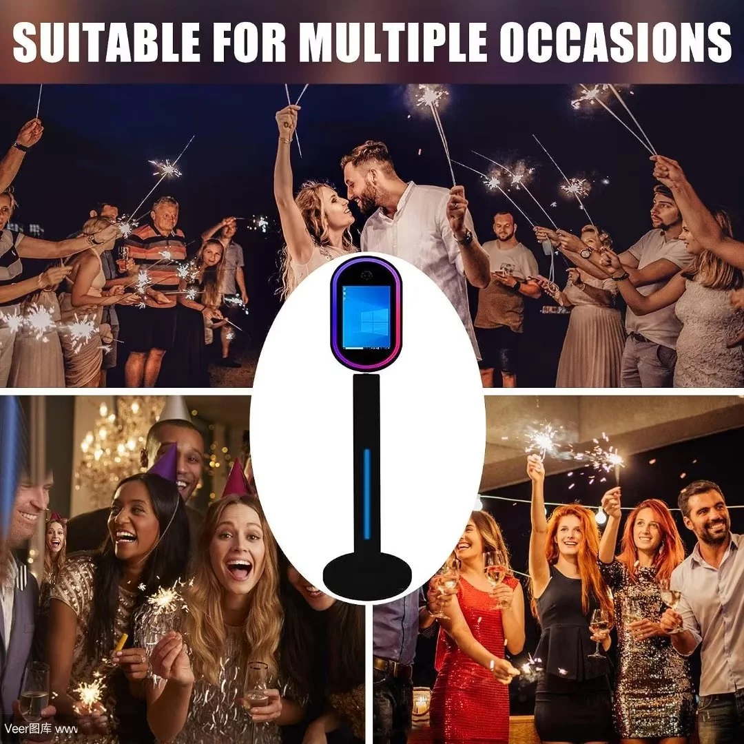 Black 13.3 In Portable Touch Mirror Photo Booth  Built-in Mini PC & Camera Photo Booth with Round Ring Light and Flight Case for Events Wedding