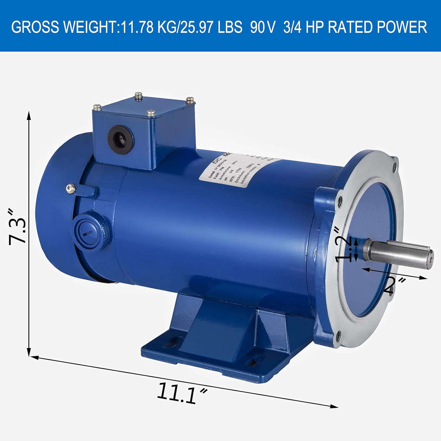 VEVOR 3/4HP 90V DC Motor 56C Frame Rated Speed 1750RPM TEFC Permanent Magnet DC Motor with Carbon Brushes