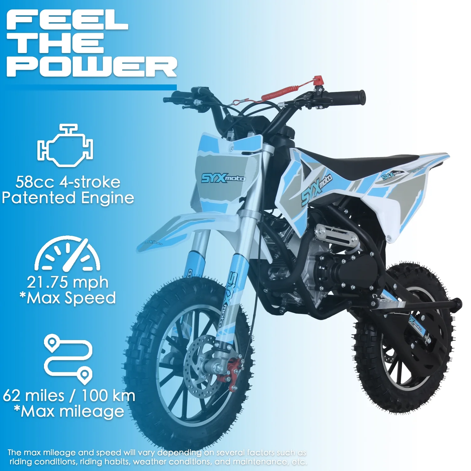 SYX MOTO VK 58cc 4 Stroke Real Motorcycle Engine Gas Powered Kids Dirt Bike, Pull Start, New, Blue/White - Radiant Selections