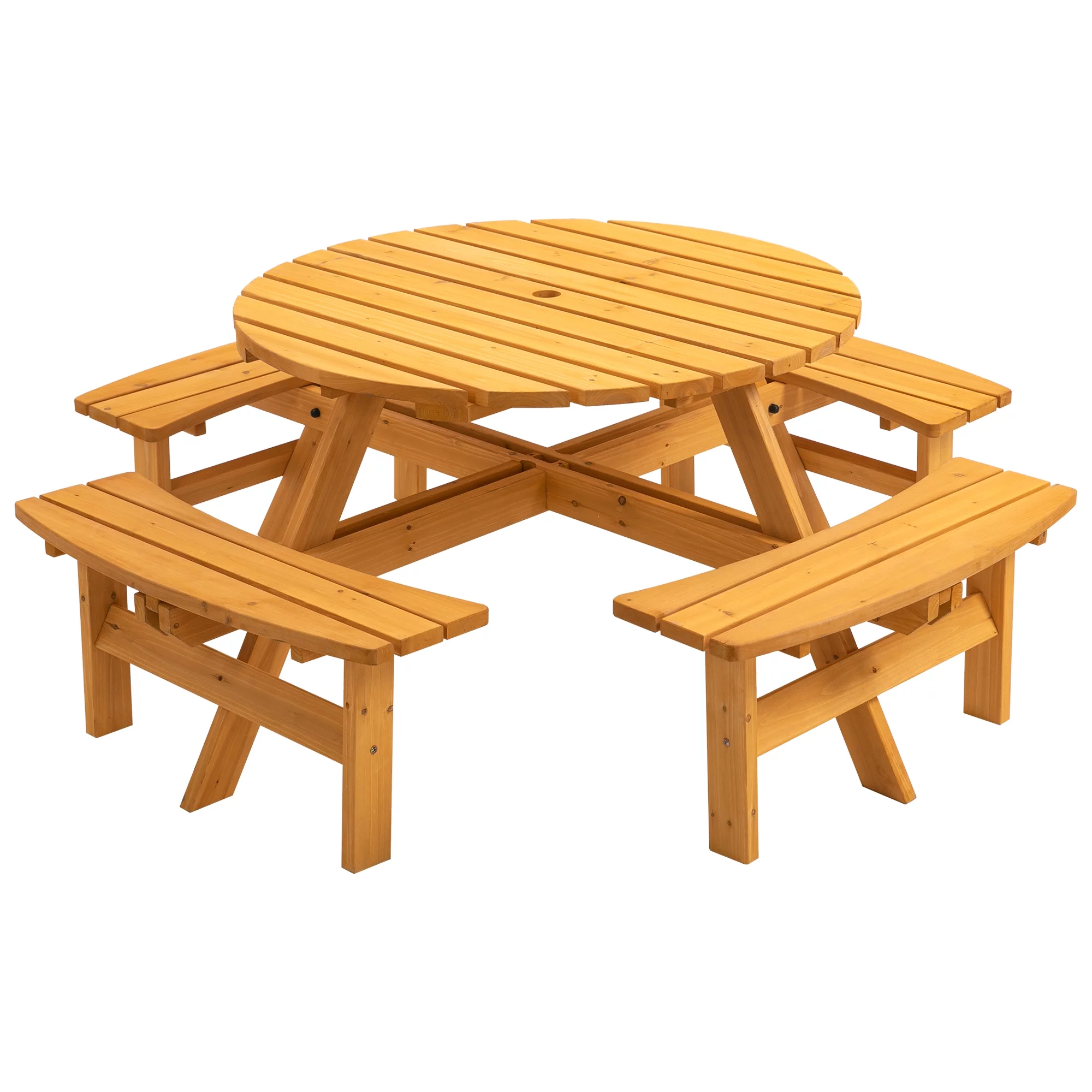 Outdoor 8-Person Circular Wooden Picnic Table w/ 4 Built-in Benches 2220lb Capacity for Garden, Patio, Backyard - Natural