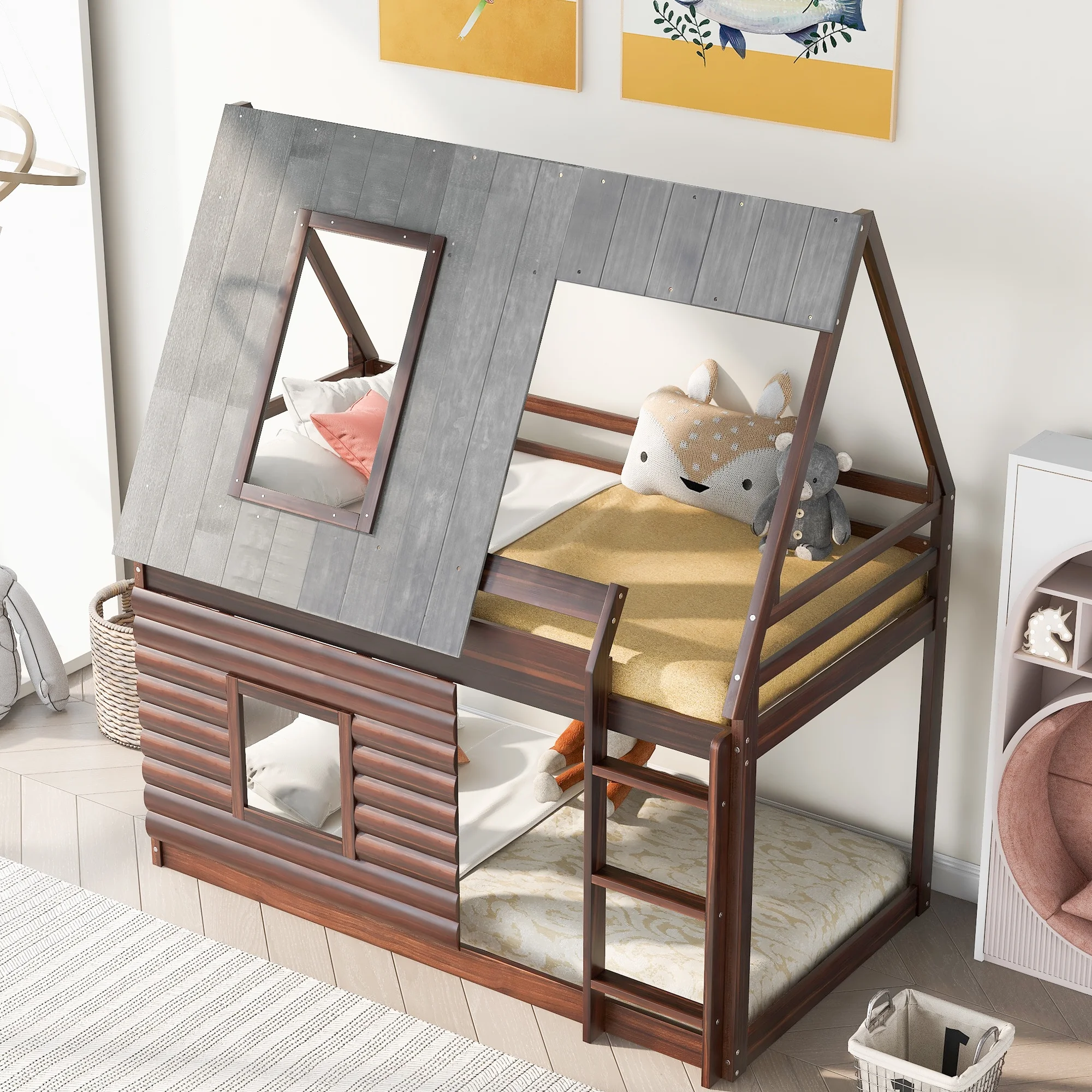 EUROCO Twin over Twin House Bunk Bed with Roof for Kids Bedroom, Grey
