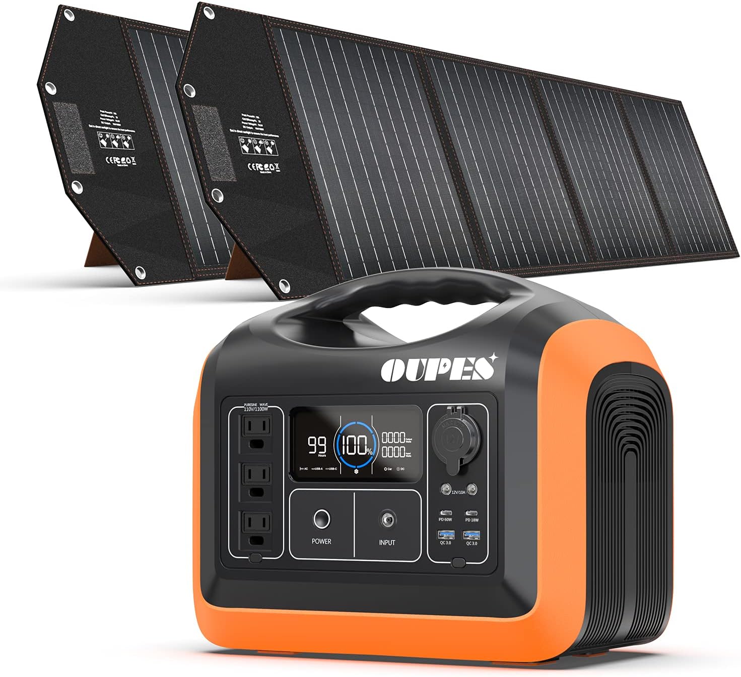 Solar Generator, OUPES Portable Power Station 1100W & 2pcs Foldable Solar Panel 100W Included, with 3x 110V/1100W(Peak 2200W) AC Outlets