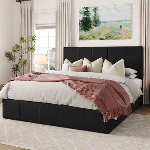 Allewie Queen Size Velvet Lift Up Storage Bed Frame, Vertical Channel Tufted Headboard, Hydrualic Underneath Storage, Upholstered Platform Bed