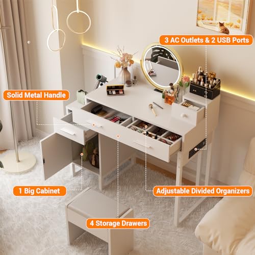 Vanity Desk with 4 Storage Drawers - Modern Makeup Vanity Table with Charging Station