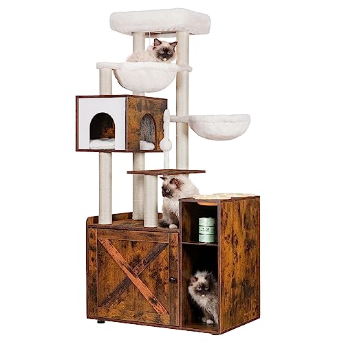 Hey-brother Cat Tree with XL Litter Box Enclosure, All-in-one Cat Tower for Indoor Cats with Large Hammock, Bed, Food Station, Scratching Posts