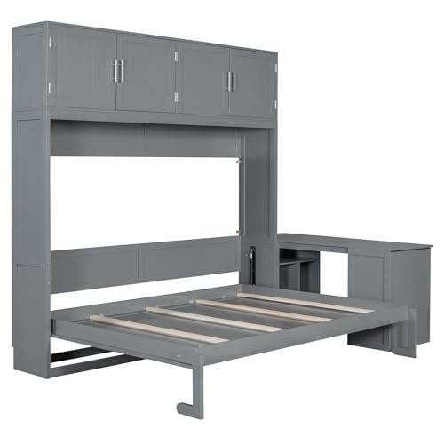 Queen Size Murphy Bed Wall Bed with Desk and Closet,Drawers and Shelves,for Small Spaces Studio Study Office Guest Room Use (Gray#Desk, Queen)