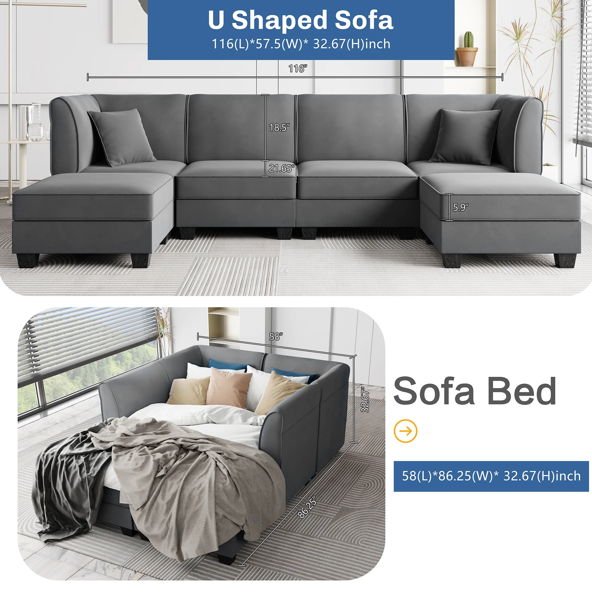 Walsunny Modular Sectional Sofa with Reversible Chaise, U-Shape Convertible Sectional Walsunny Couch with 6 Seats