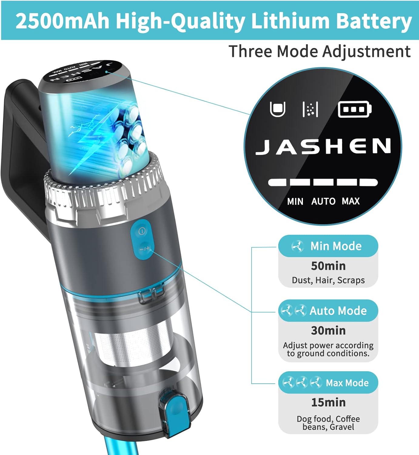 Cordless Vacuum Cleaner, JASHEN V18 Auto Adjust Suction Stick Vacuum Cleaner 350W 6 in 1 Lightweight for Hard Floor Carpet Pet Hair