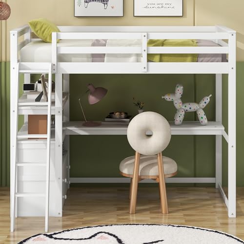 Harper & Bright Designs Twin Size Loft Bed with Wardrobe, Desk and Multiple Storage Shelves, Solid Wood Loft Bed Frame with Bookshelf