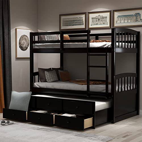 Harper & Bright Designs Twin Over Twin Bunk Bed with Trundle, Wooden Bunk Bed with 3 Storage Drawers and Safety Rail, Can be Convertible to 2 Beds