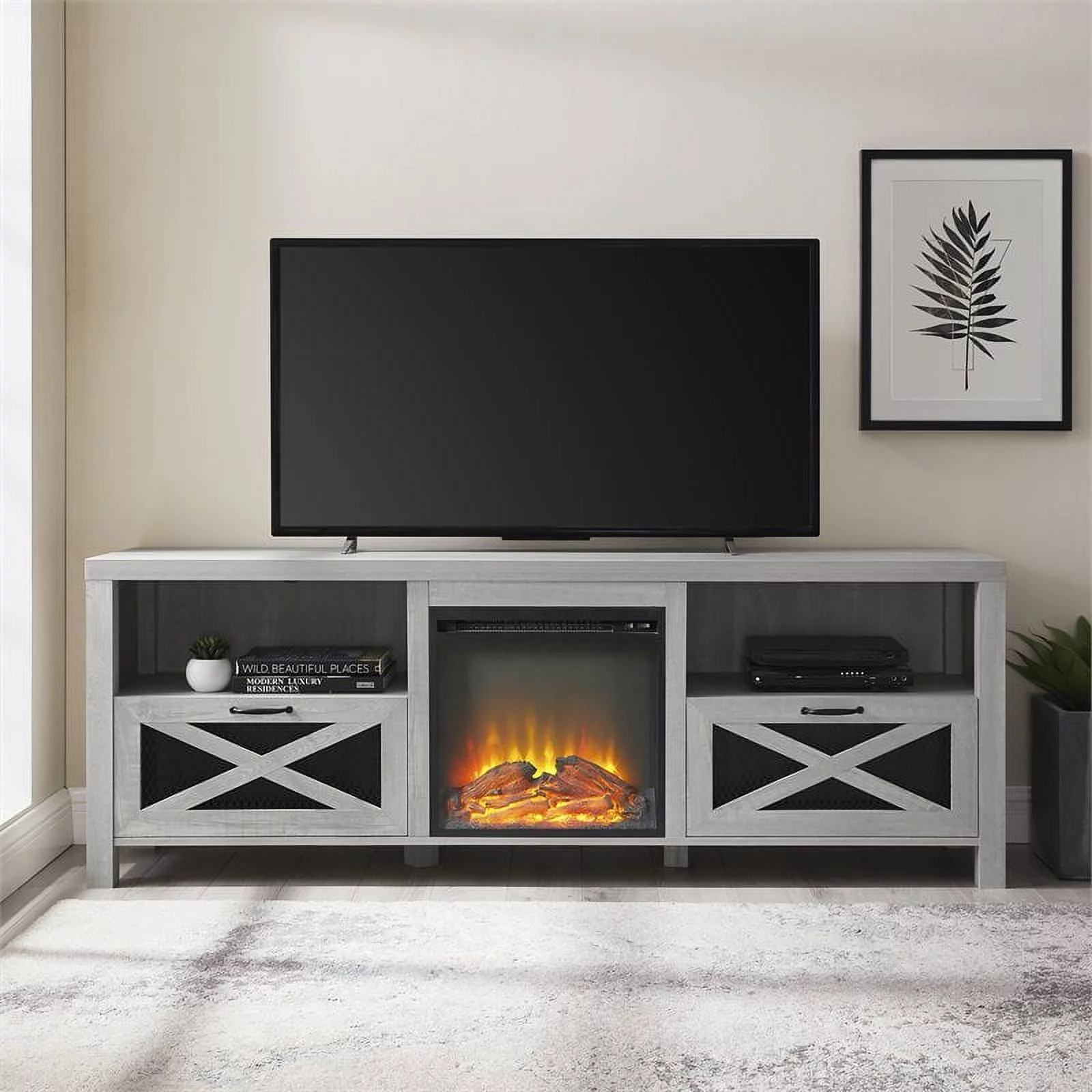 Abilene 70" Rustic Farmhouse Fireplace TV Stand in Stone Gray