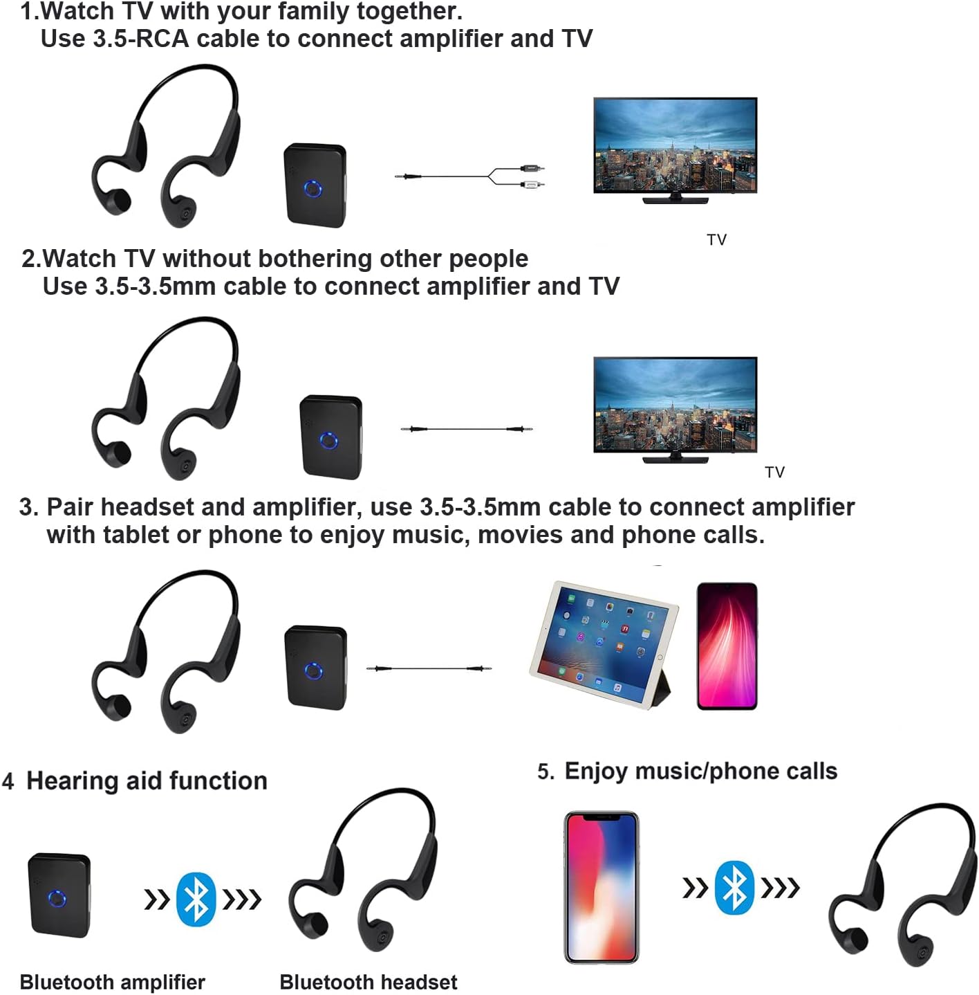 Bluetooth Bone Conduction Hearing Impaired Headsets for Seniors Hard of Hearing