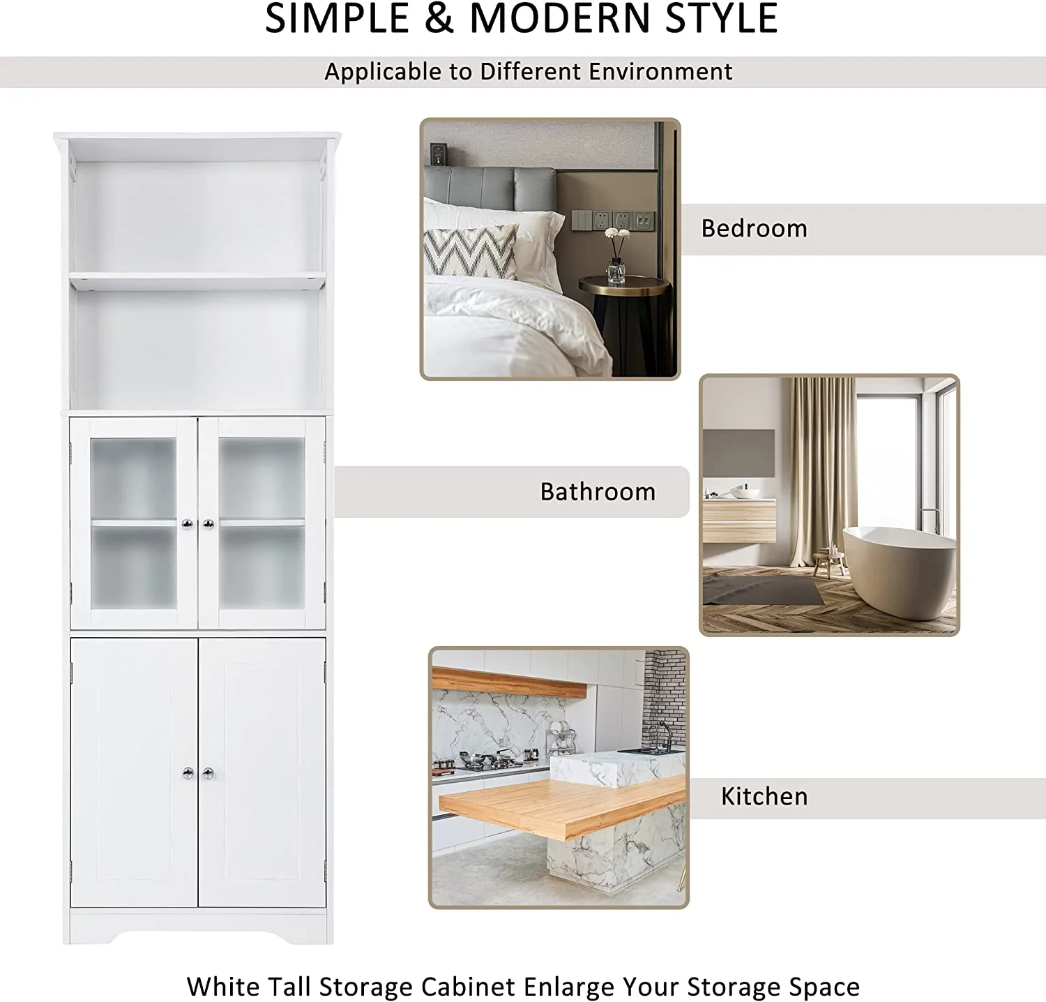 WANHUI, White Storage Cabinet with Glass Doors, Open Bookcase, Pantry Cupboard, Freestanding Organizer Display for Bathroom, Kitchen, Office
