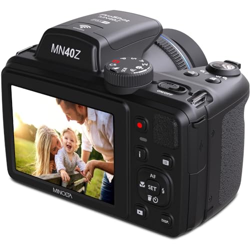 MINOLTA MN40Z 20 Mega Pixels 40x Optical Zoom Digital Camera with 1080p FHD Video (Purple) Bundle with 64GB Memory Card + Vlog Tripod + 4xAA Battery