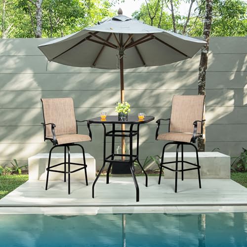 VINGLI Upgraded 3PCS Swivel Outdoor Bar Set Patio Bar Set Outdoor Bistro Set, 2 Swivel Bar Stools and Bar Table for Yard