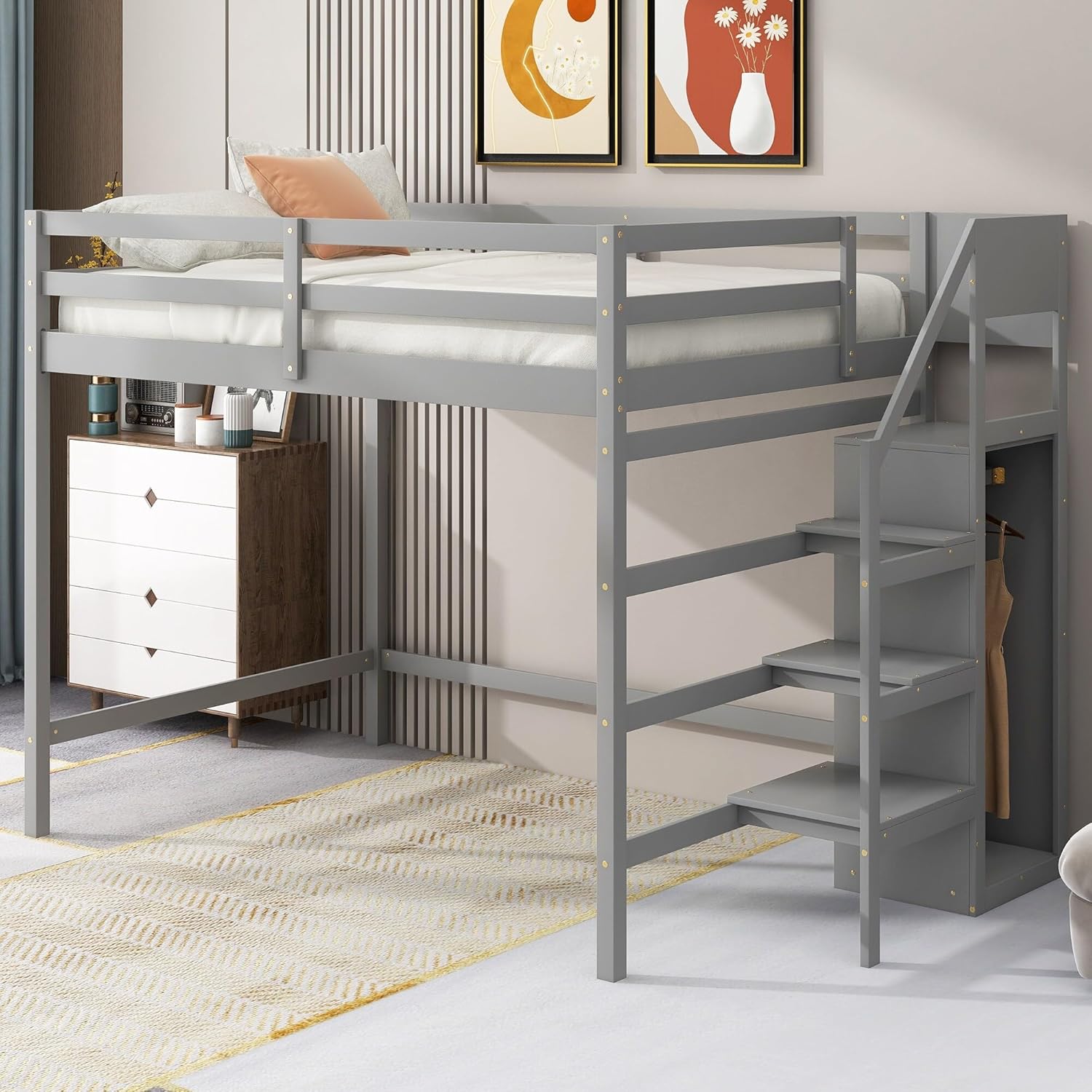 Gray Full Size Multi-Functional Wooden Loft Bed with Built-in Storage Wardrobe and Staircase Guardrails No Box Spring Required Grey Mission Craftsman