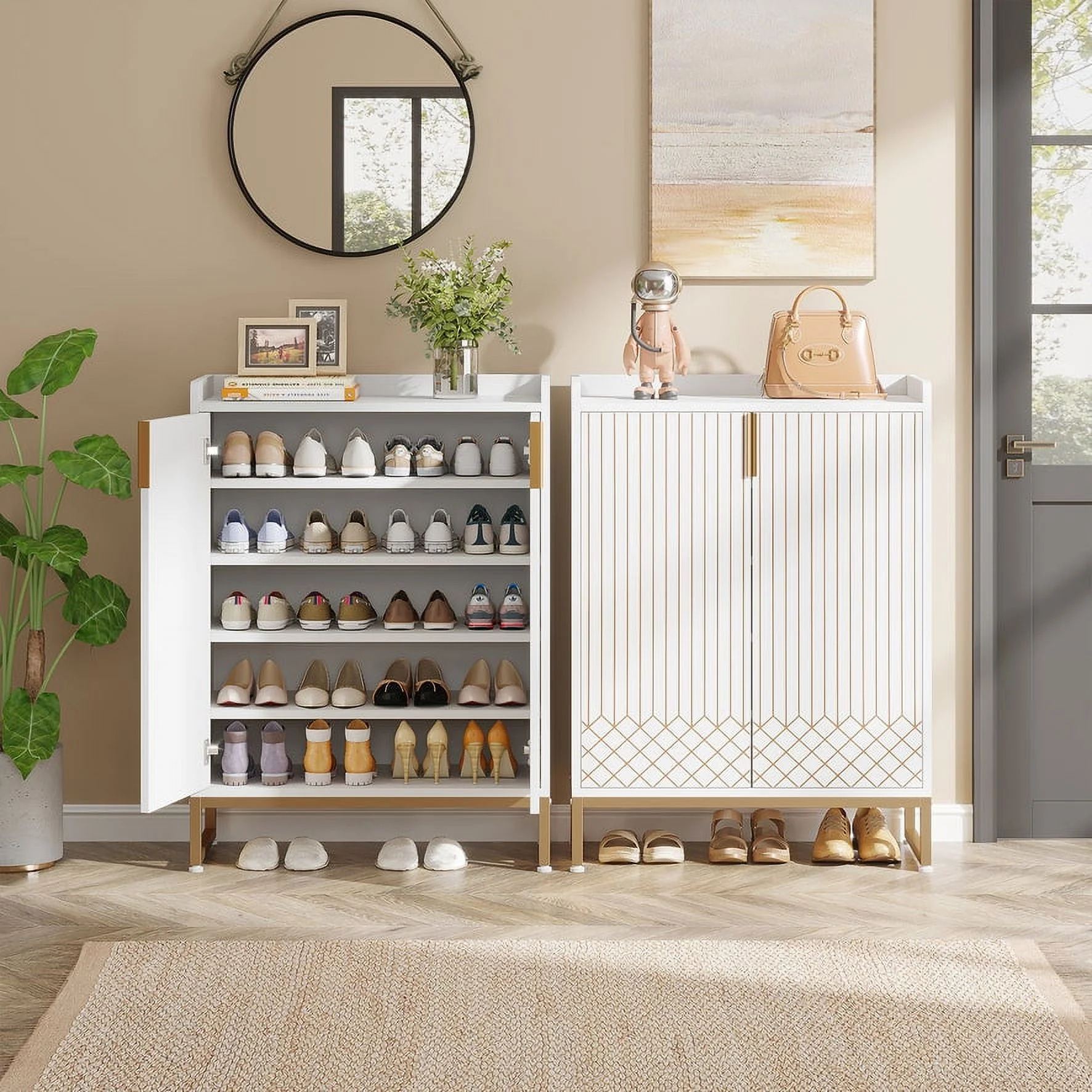 Tribesigns Shoe Cabinet for Entryway, 25 Pairs Shoe Cabinets with Doors, 5-Tier Wood Shoes Rack Organizer, White and Gold