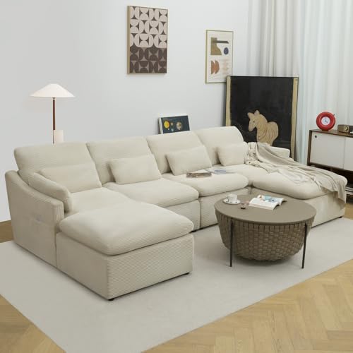 Modular Sectional Sofa, Cloud Couches with Fluffy Corduroy, Convertible U Shaped Couch with Ottomans