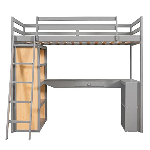 Twin Loft Bed with Staircase, Desk and Wardrobe, Wood Loft Bed with Storage Shelves and Safety Guardrail