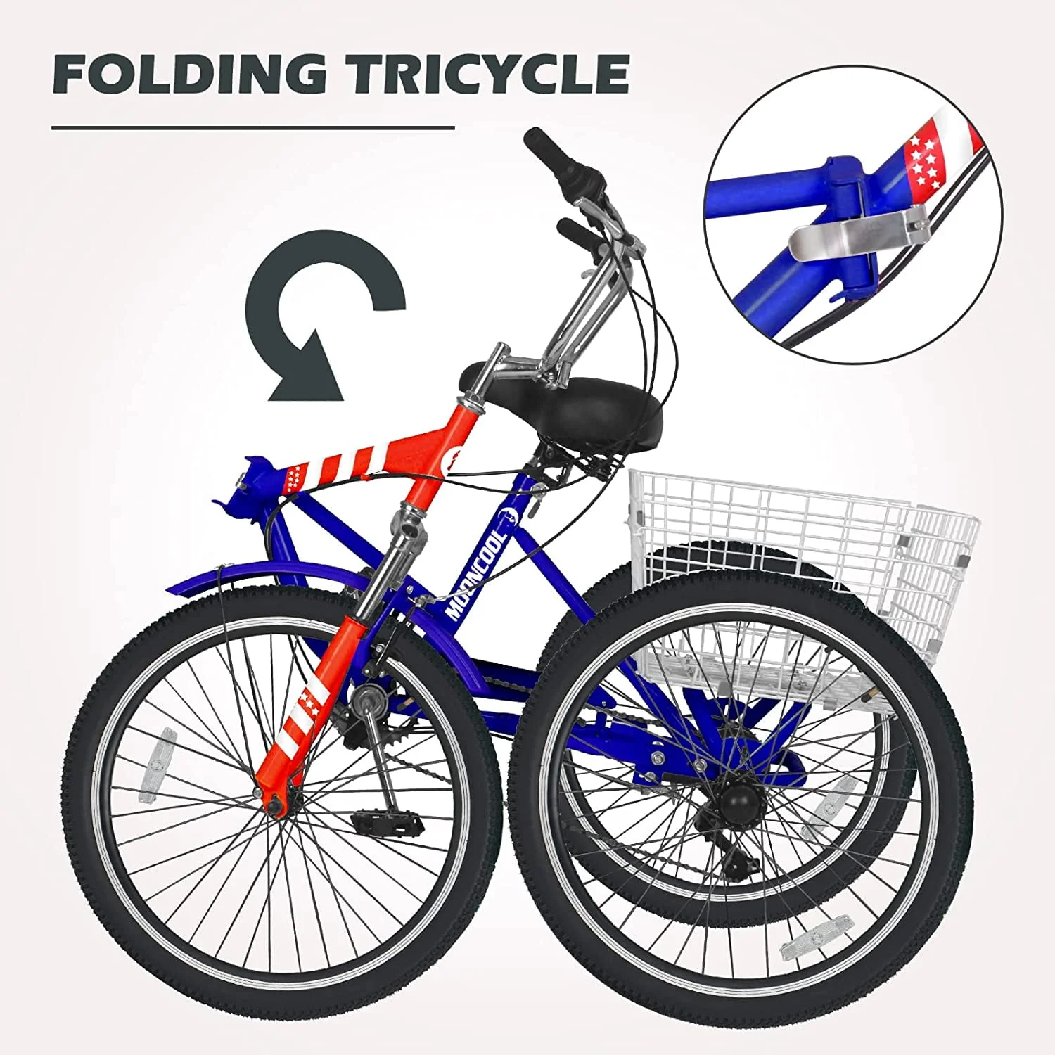 MOONCOOL Adult Folding Tricycle for Adults, 7 Speed 20/24/26 inch 3 Wheels Bikes with Basket, Foldable Tricycle for Adults, Women, Men, Seniors
