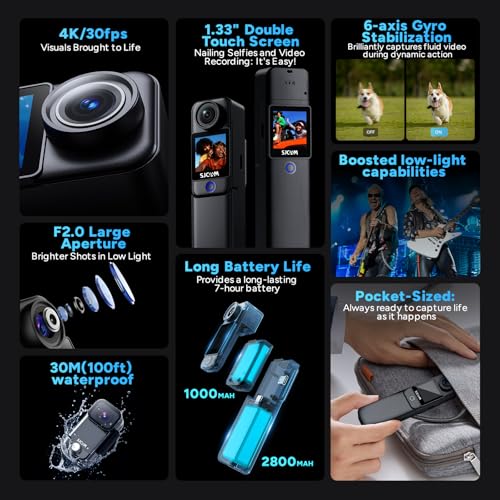 SJCAM C300 Pocket Action Camera 4K,7Hour Power, 6-Axis Stabilization, Dual-Touch Screen Body Camera,30M Waterproof