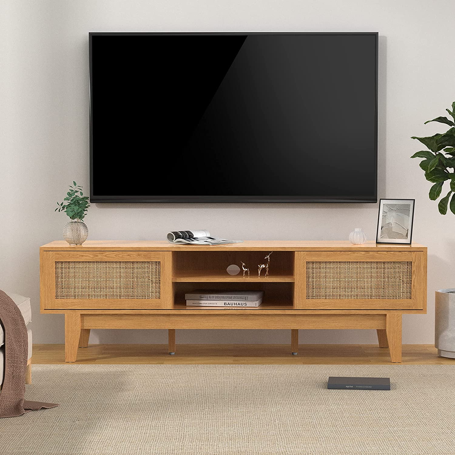 Popular TV Stand with Rattan Sliding Doors  Low Profile Television Stands for TVs up to 65 Inches TV  Modern Farmhouse Boho Home Media Console for