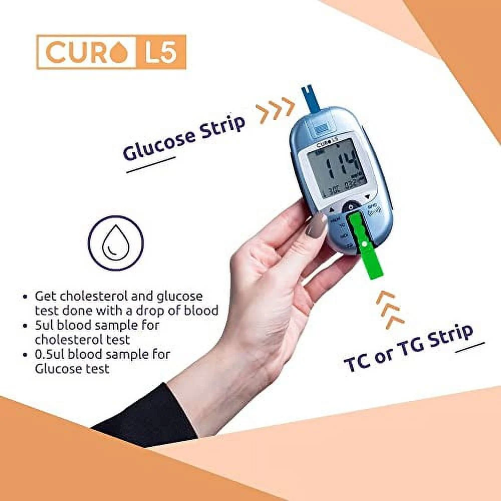 CURO L5 Digital Cholesterol Test Kit Home (Device & 10 Total Cholesterol Strips Included)