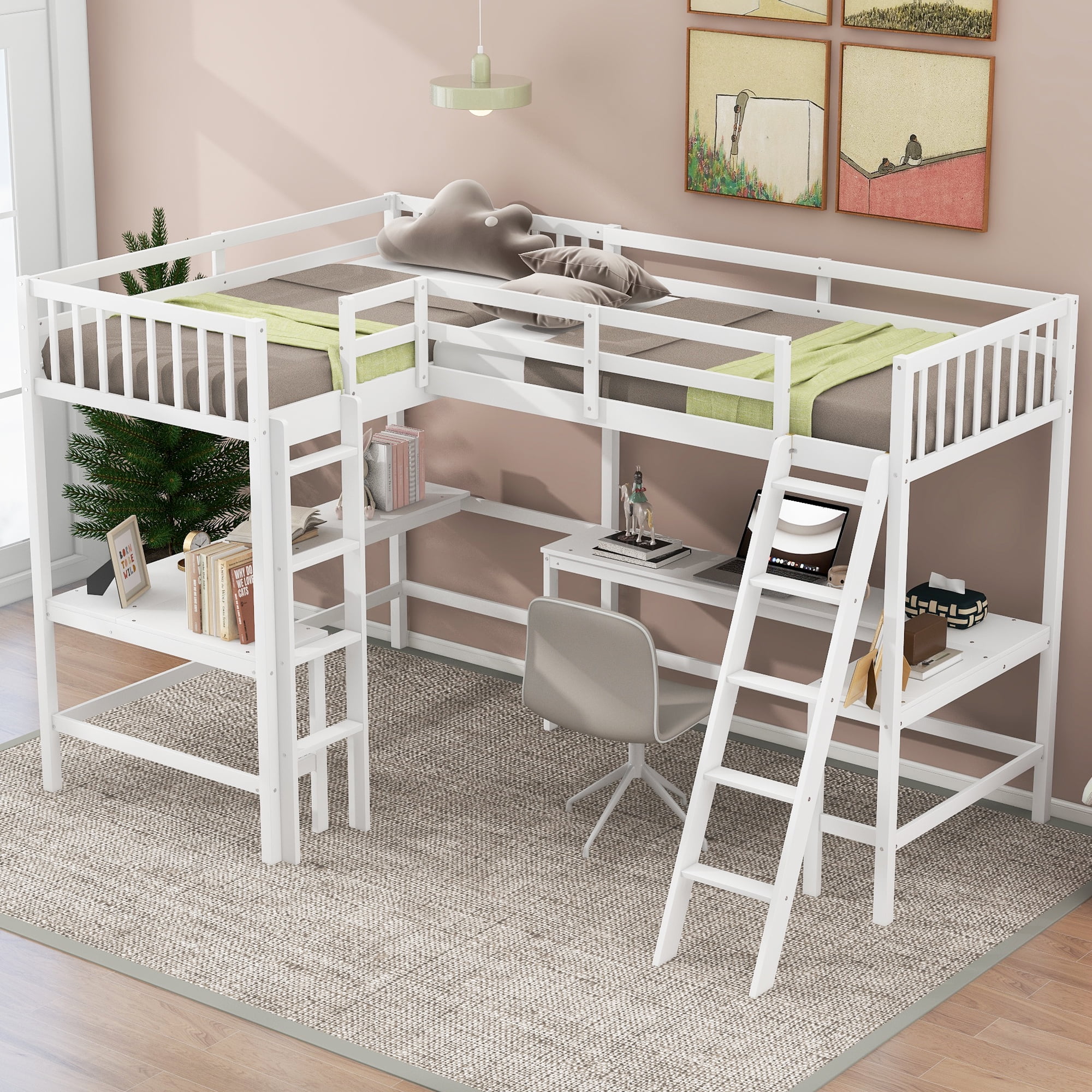 Euroco Twin Size L-Shaped Wood Loft Bed with Built-in Desks, 2-in-1 Loft Bed for Kids Teens Adults, White