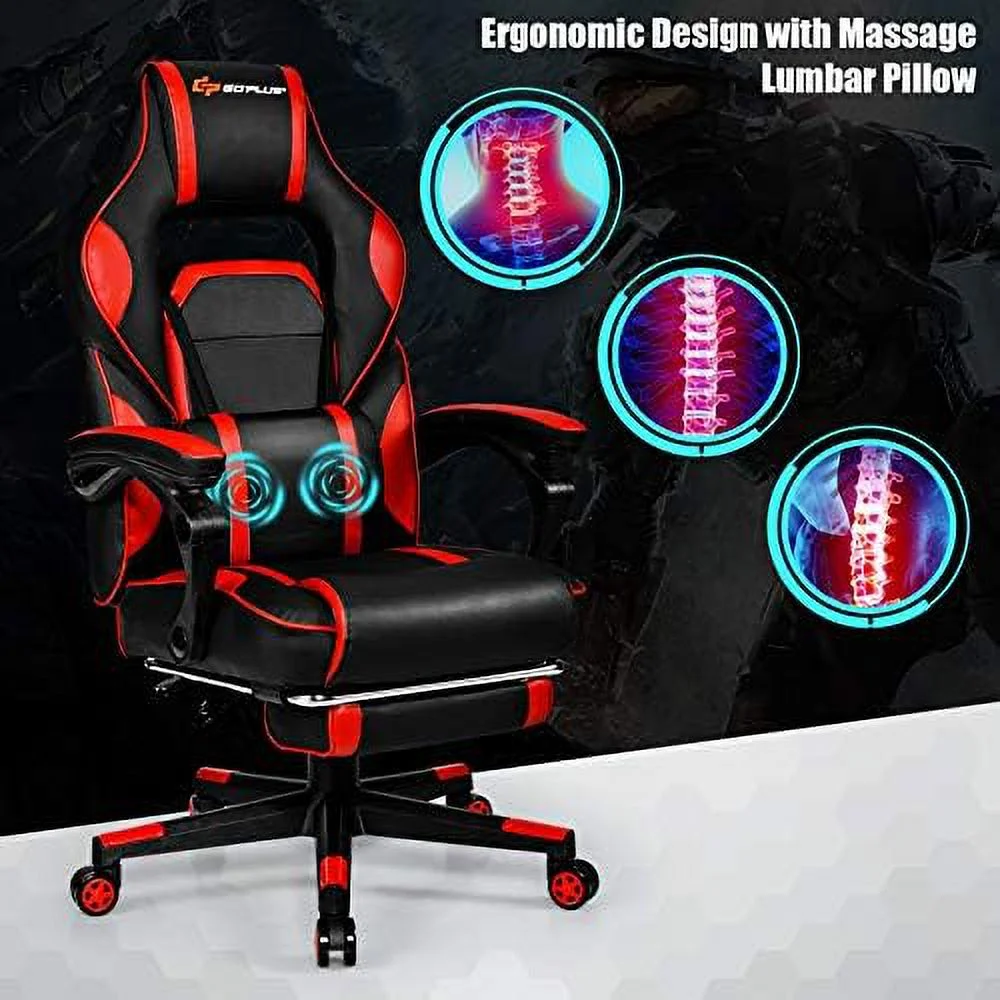 Massage Gaming Chair  Reclining Backrest  Seat Height Adjustment Racing Computer Office Chair with Footrest  Ergonomic High Back PU Swivel Game Chair