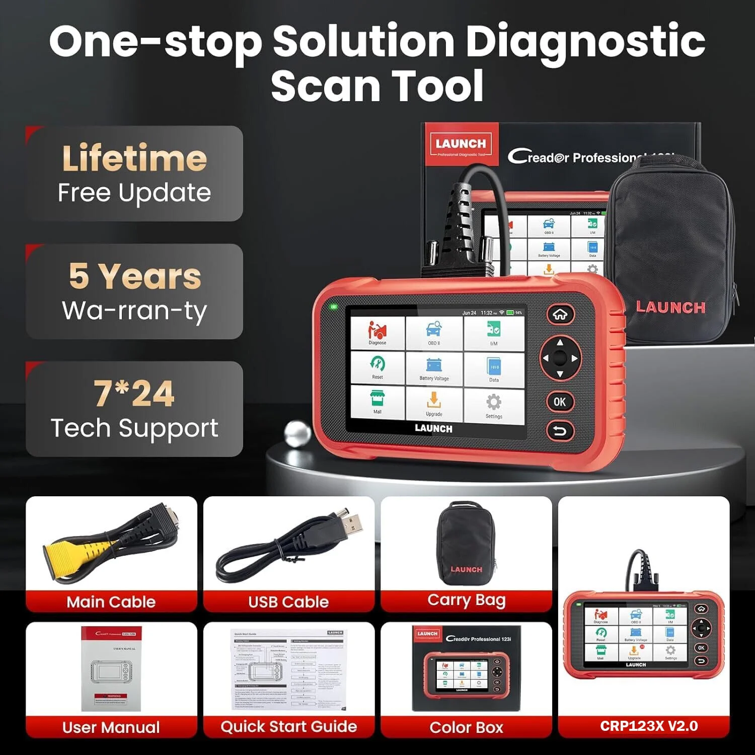 Launch CRP123X Elite OBD2 Scanner Car Diagnostic Code Reader ABS SRS Transmission SAS Calibration/Throttle Reset/Oil Reset, Battery Test,