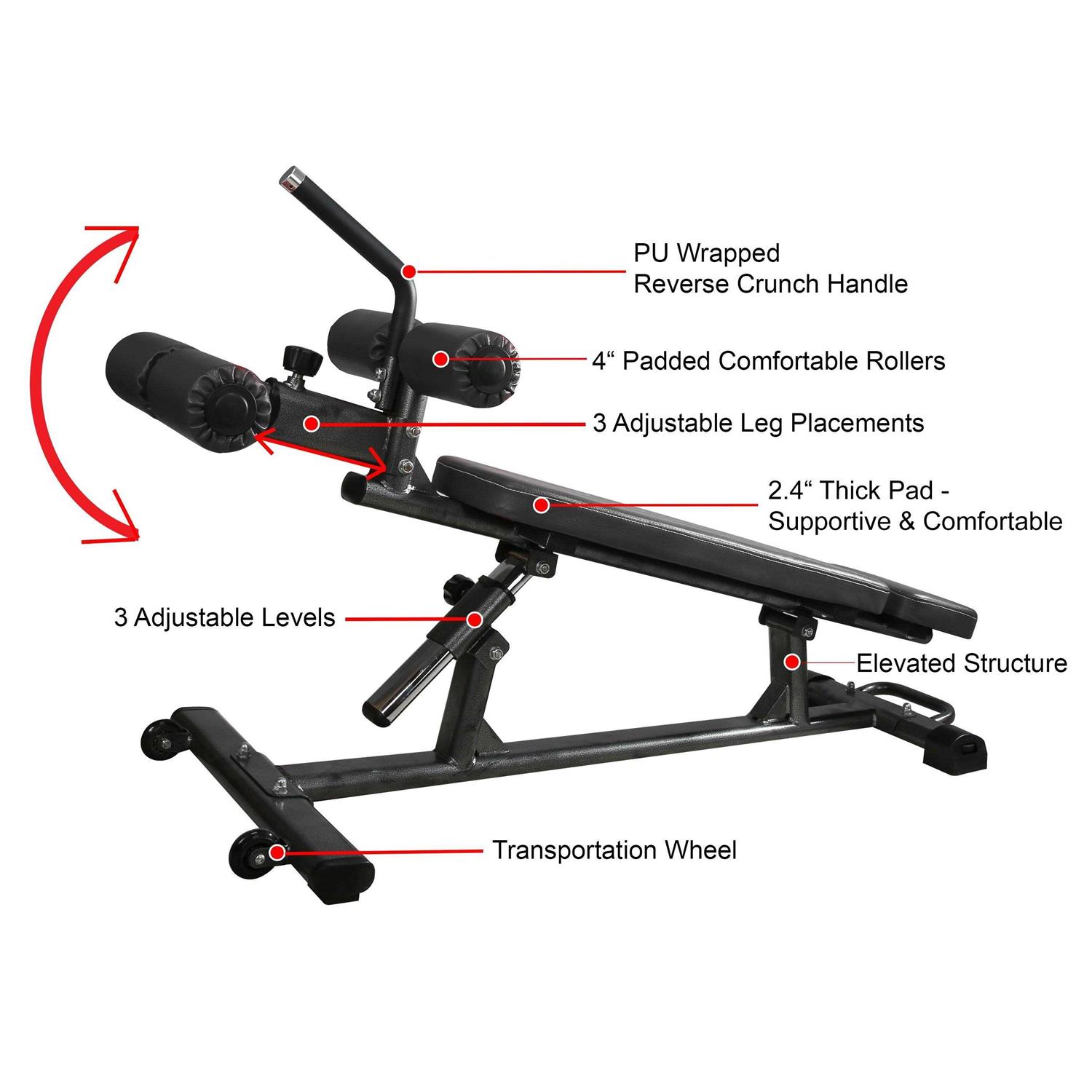 Finer Form Semi-Commercial Sit-Up Bench For Core Workouts and Decline Bench Press. Adjustable Weight Bench with Reverse Crunch Handle with 4