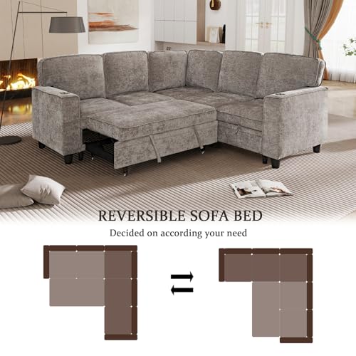 L-Shaped Pull Out Sleep Sofabed,Modern Reversible Sleeper Sectional Sofa Chenille Upholstered Button Tufted Decor with Storage Chaise