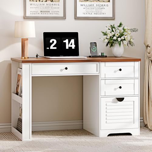 59" Home Office Desks, Executive Desk, Farmhouse Computer Desk with 7 Drawers and Charging Station, File Drawer, Rustic Computer Writing Desk
