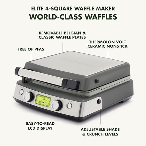 GreenPan Elite 4-Square Belgian & Classic Waffle Iron, Healthy Ceramic Nonstick Aluminum Dishwasher Safe Plates, Adjustable Shade/Crunch Controls