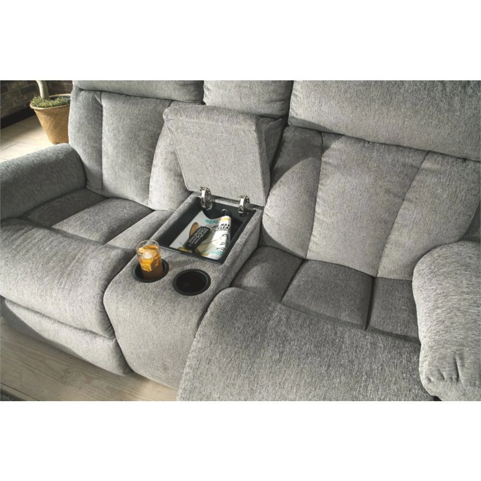 Bowery Hill Contemporary Reclining Loveseat with Console in Fog