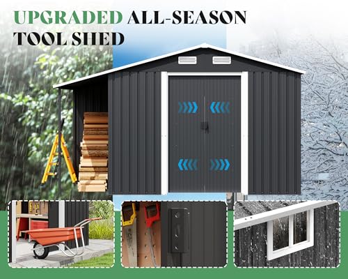 Jocisland 10.6x10.3x6.3 FT Outdoor Storage Shed with Sliding Doors & Two 4-Pane Windows, Open Outdoor Shed for Wood Storage, Dark Grey/White