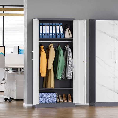 MIIIKO Steel Cabinet Wardrobe, Metal Locker Cabinet with Hanging Rod, Metal Clothing Locker Storage for Home, Office, Garage and Changing Room