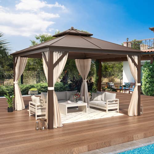 EROMMY 12'x20' Hardtop Gazebo Double Roof Galvanized Steel Canopy Outdoor Aluminum Frame Permanent Metal Pavilion with Netting and Curtains for Patio
