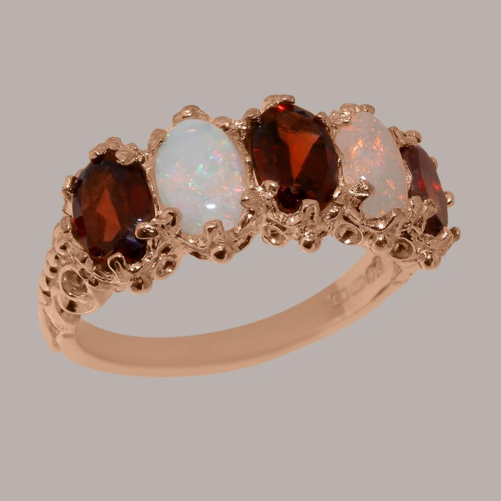 LBG British Made 14k Rose Gold Natural Garnet & Opal Womens Eternity Ring - 33 size options - Size 10