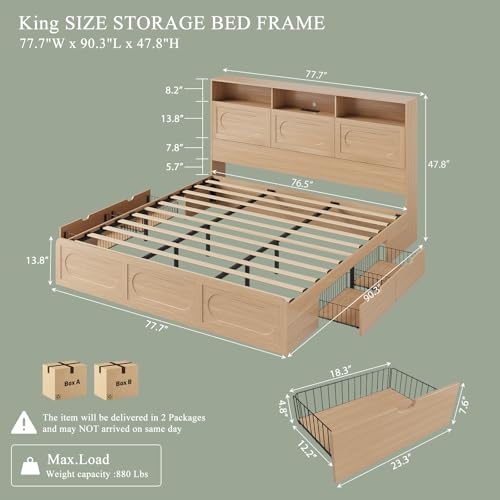 Queen Bed Frame with 47" Storage Headboard, Queen Size Wood Bed Frame with 4 Storage Drawers, Built-in Charging Station & LED, Solid Wood Slats