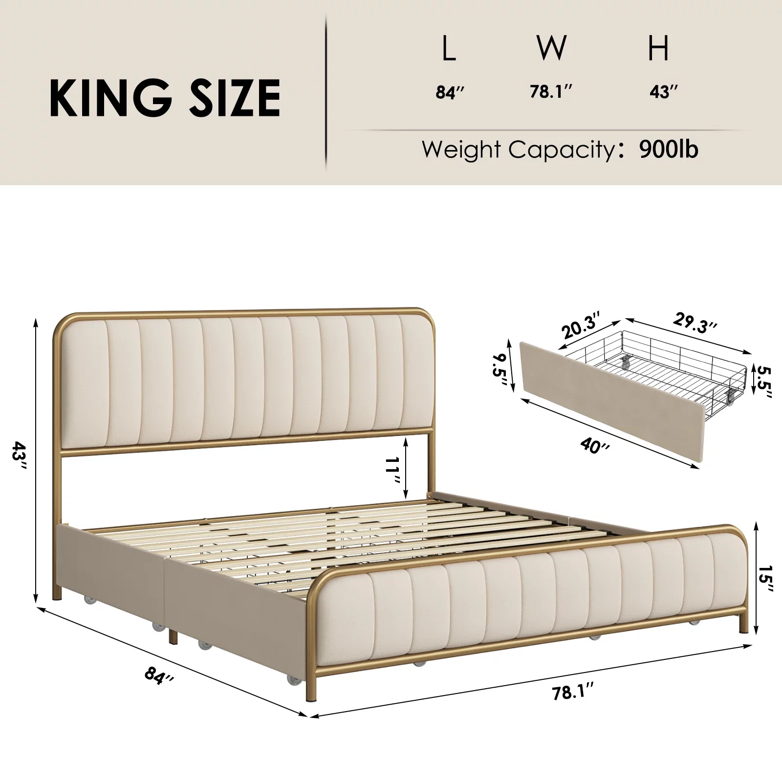 Homfa King Size 4 Drawers Storage Bed Frame, Gold Platform Bed with Tufted Upholstered Headboard, Beige