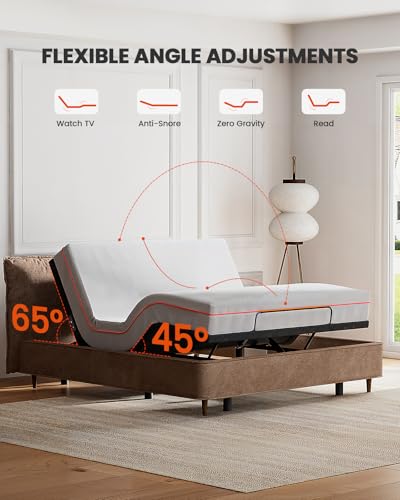 Amada Queen Adjustable Bed Frame with Massage, Head & Foot Incline, Wireless Remote, 4 Built-in USB Ports, LED Night Light, 4 Height-Adjustable Legs