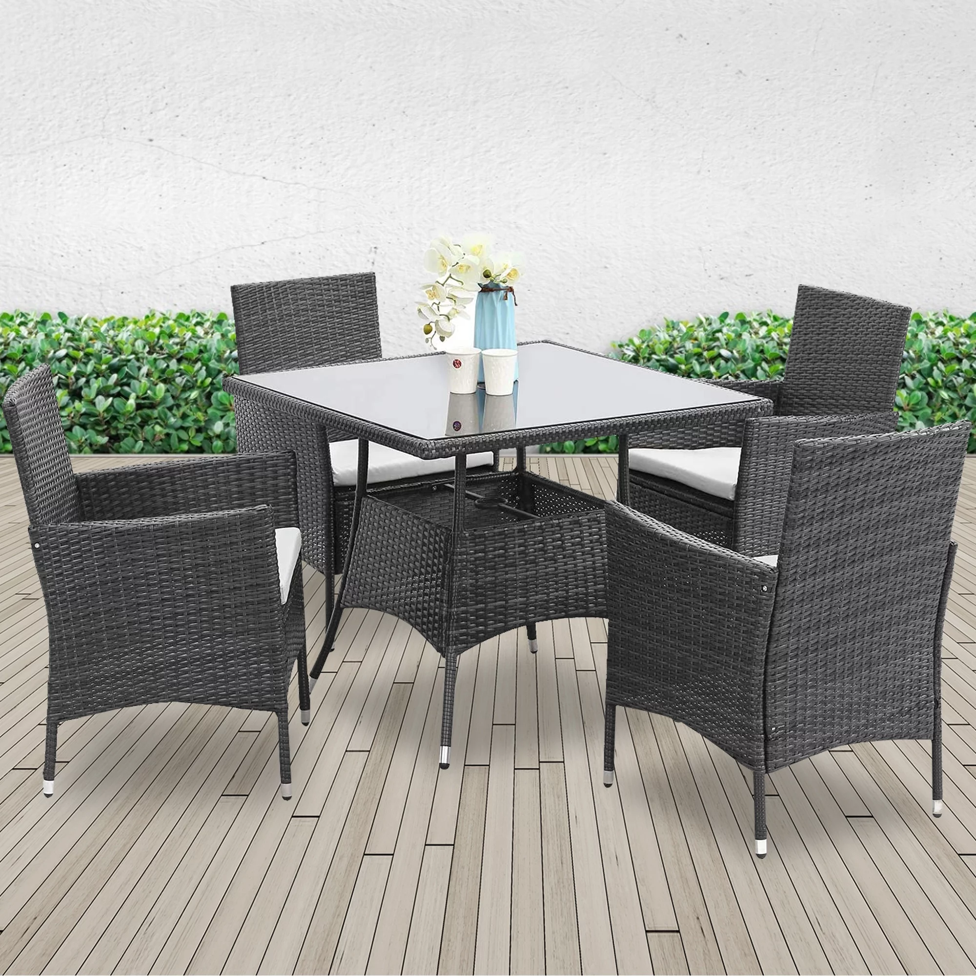 CozyHom 5 Pcs Outdoor Patio Wicker Furniture Dining Table Sets, Sectional Conversation Glass Dining Table Chairs Set for 4 with Umbrella Hole, Grey