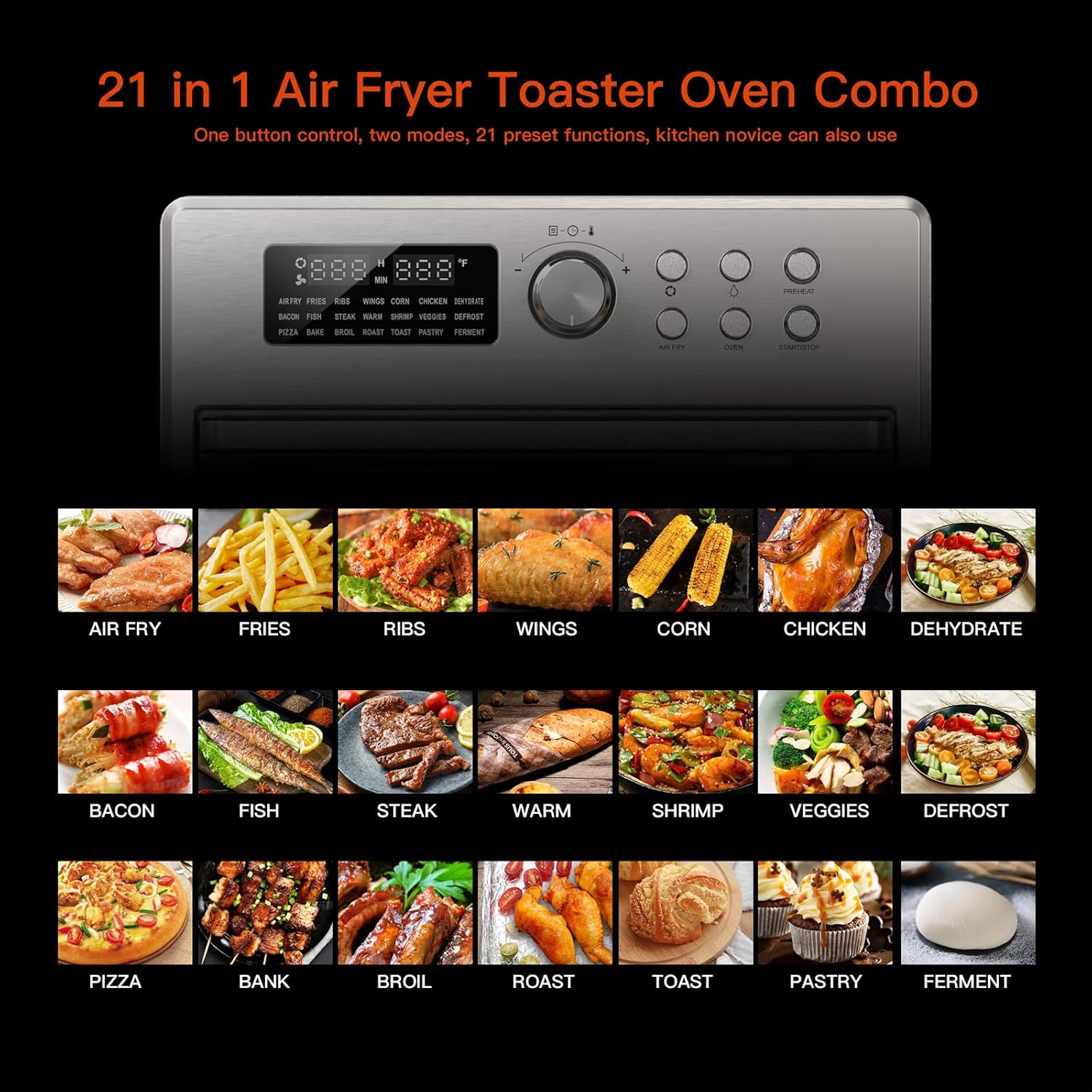 LOVMOR 26 Quart Air Fryer Oven with 9 Accessories,21-in-1 Smart Large Airfryer,Countertop Convection Toaster Ovens for Rotisserie,Baking,Dehydrators