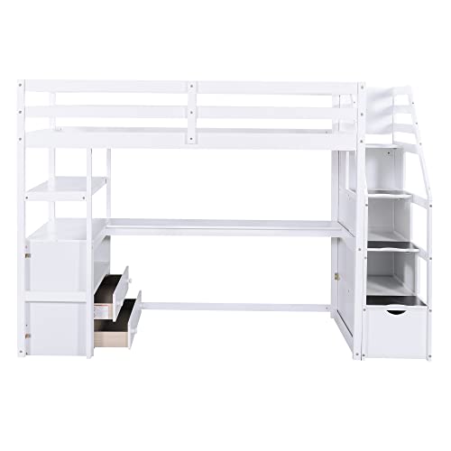 Harper & Bright Designs Twin Over Twin Bunk Bed with Stairs and Trundle, Solid Wood Stairway Bunk Bed Frame with Storage