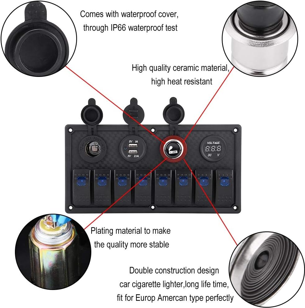 Qiilu 8 Gang Boat 12V Aluminium Rocker Switch Panel - Blue LED Lighted Control Switches