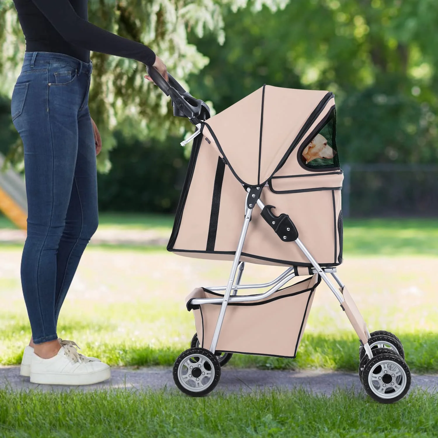 BestPet Pet Stroller Cat Dog Cage Stroller Travel Folding Carrier,Beige - Curated Treasures Market
