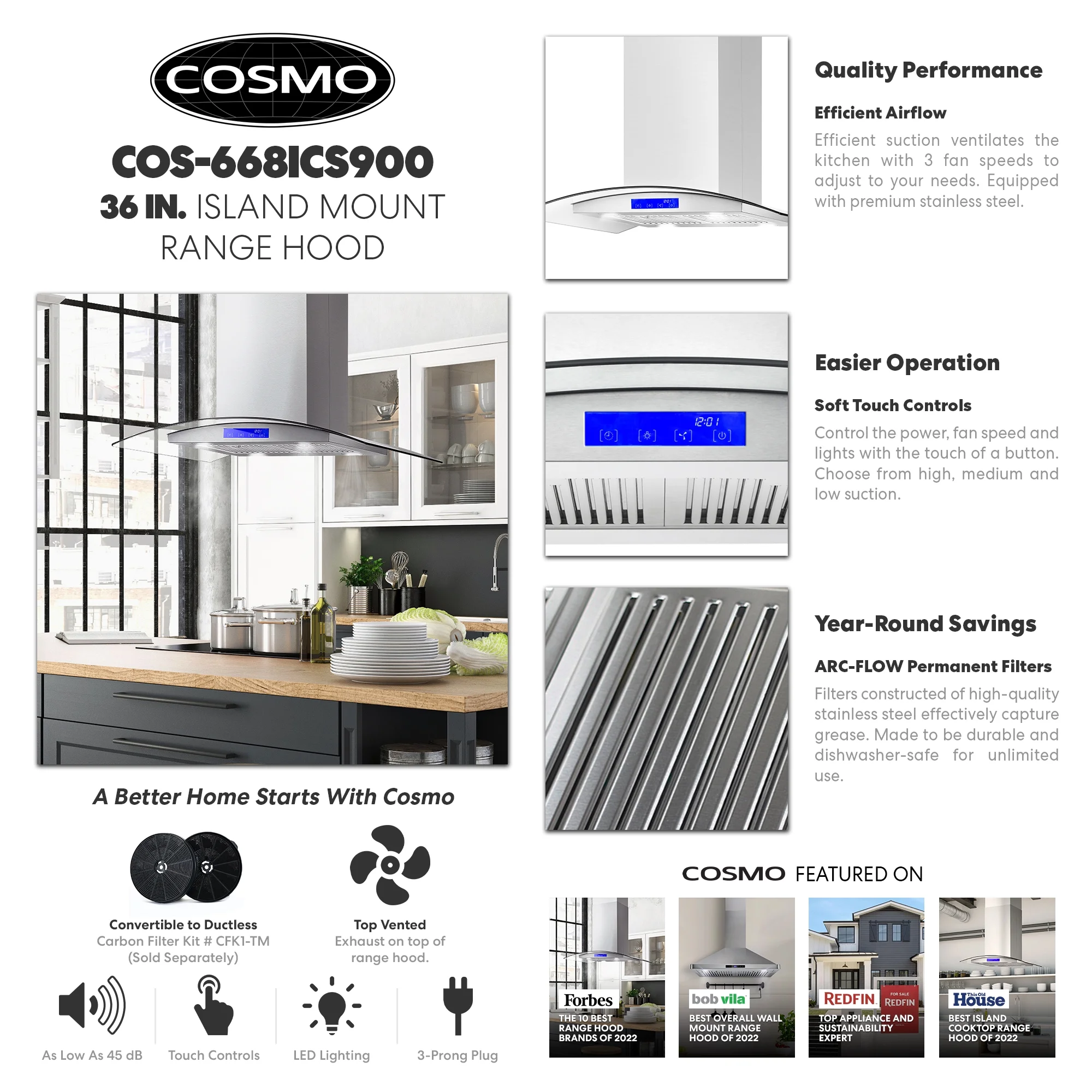 Cosmo 36 in. Ducted Island Range Hood in Stainless Steel with LED Lighting and Permanent Filters
