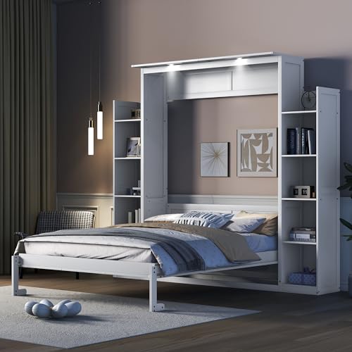 Harper & Bright Designs Queen Size Murphy Bed Wall Bed with Storage Shelves and LED Lights, Space-Saving for Multipurpose Guest Room or Home Office
