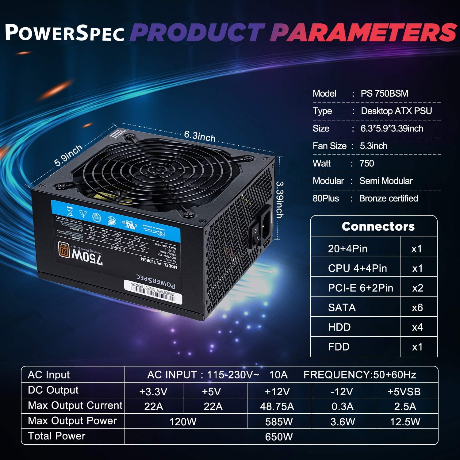 PowerSpec 650W Power Supply 80 Plus Bronze Certified Fixed Cable Non-Modular ATX PSU Active PFC SLI Crossfire Ready Gaming PC Computer Switching
